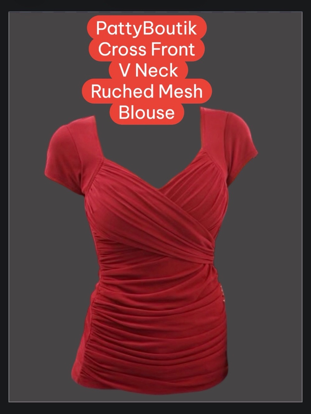 PattyBoutik Red Cross-Front V-Neck Ruched Mesh Top